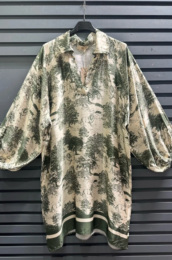 Silkkiviskoosi safari-kuosinen mekko khaki