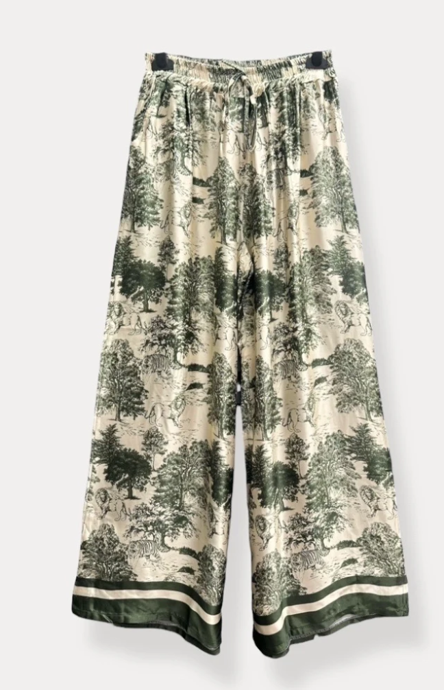 Silkkiviskoosi safari-kuosinen housu khaki