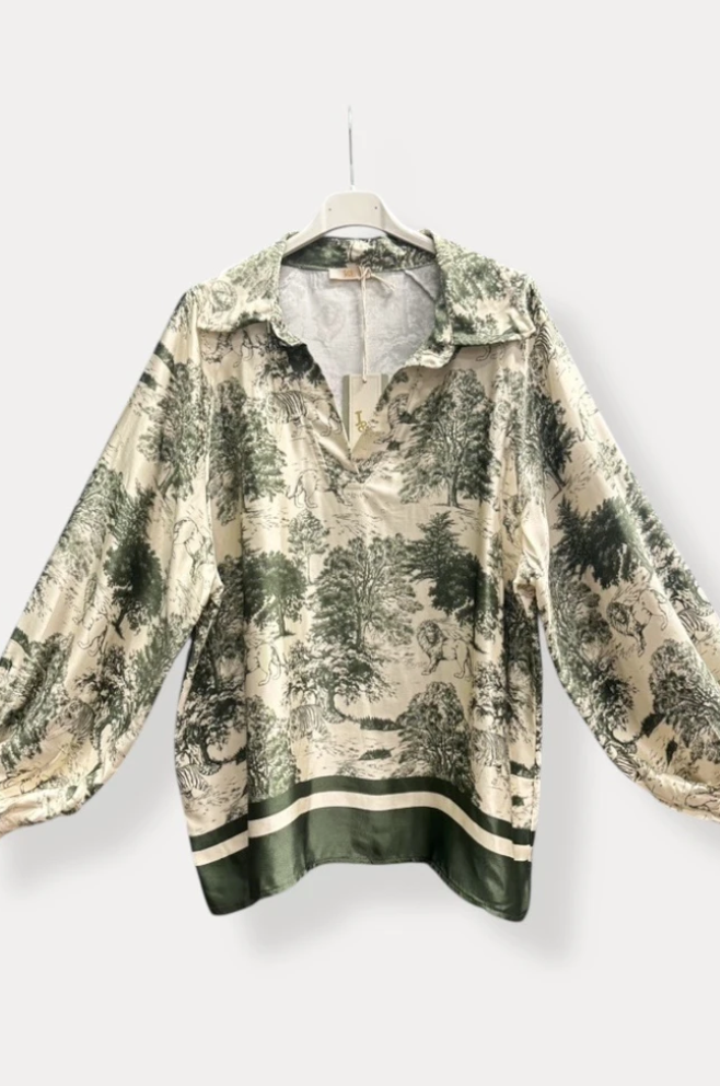 Silkkiviskoosi safari-kuosinen paita khaki