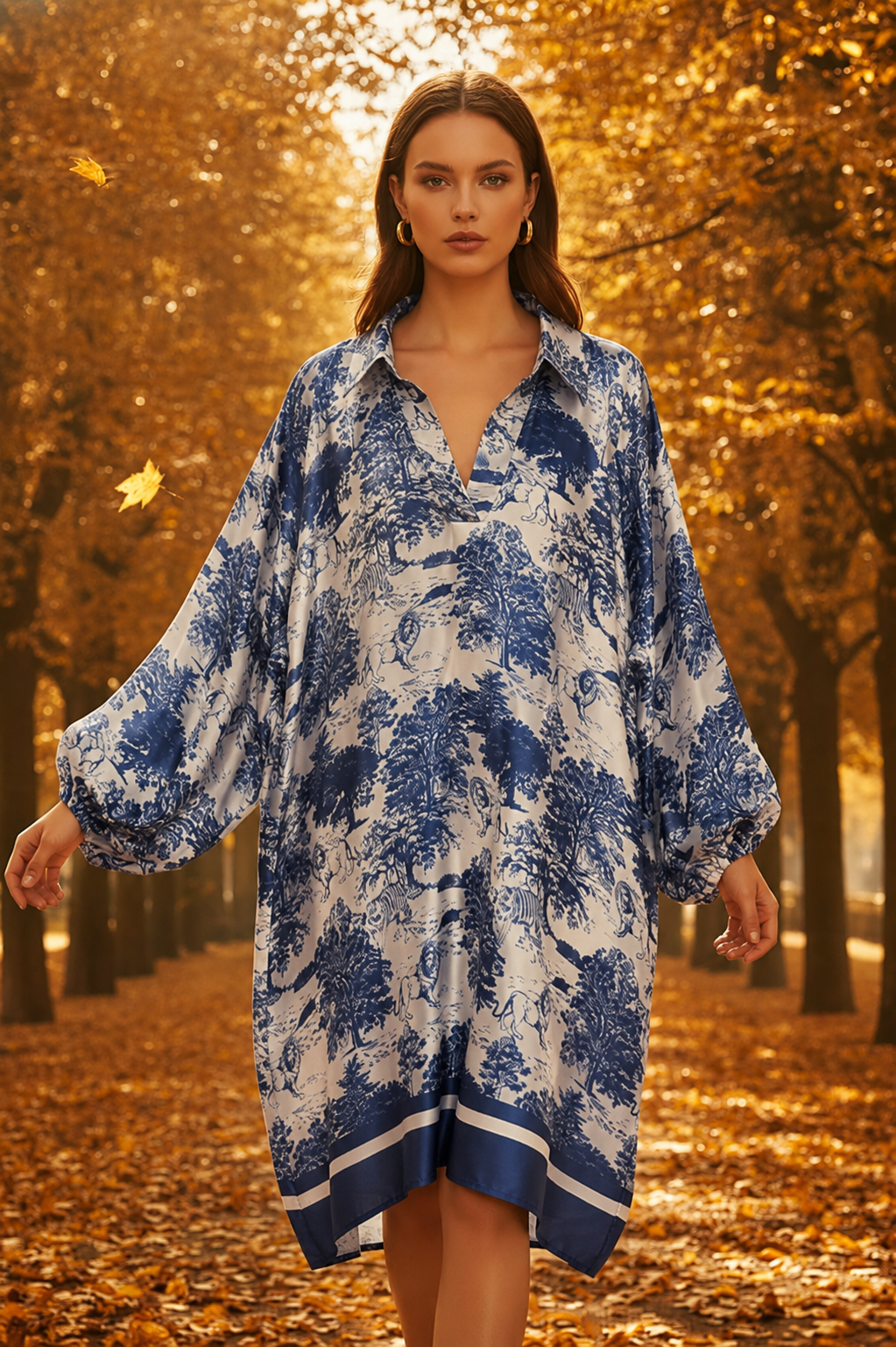 Silkkiviskoosi safari-kuosinen mekko sininen