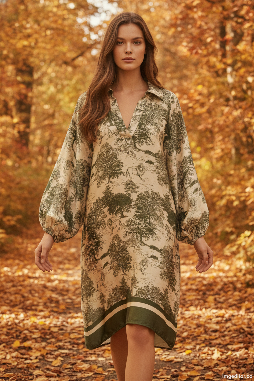 Silkkiviskoosi safari-kuosinen mekko khaki