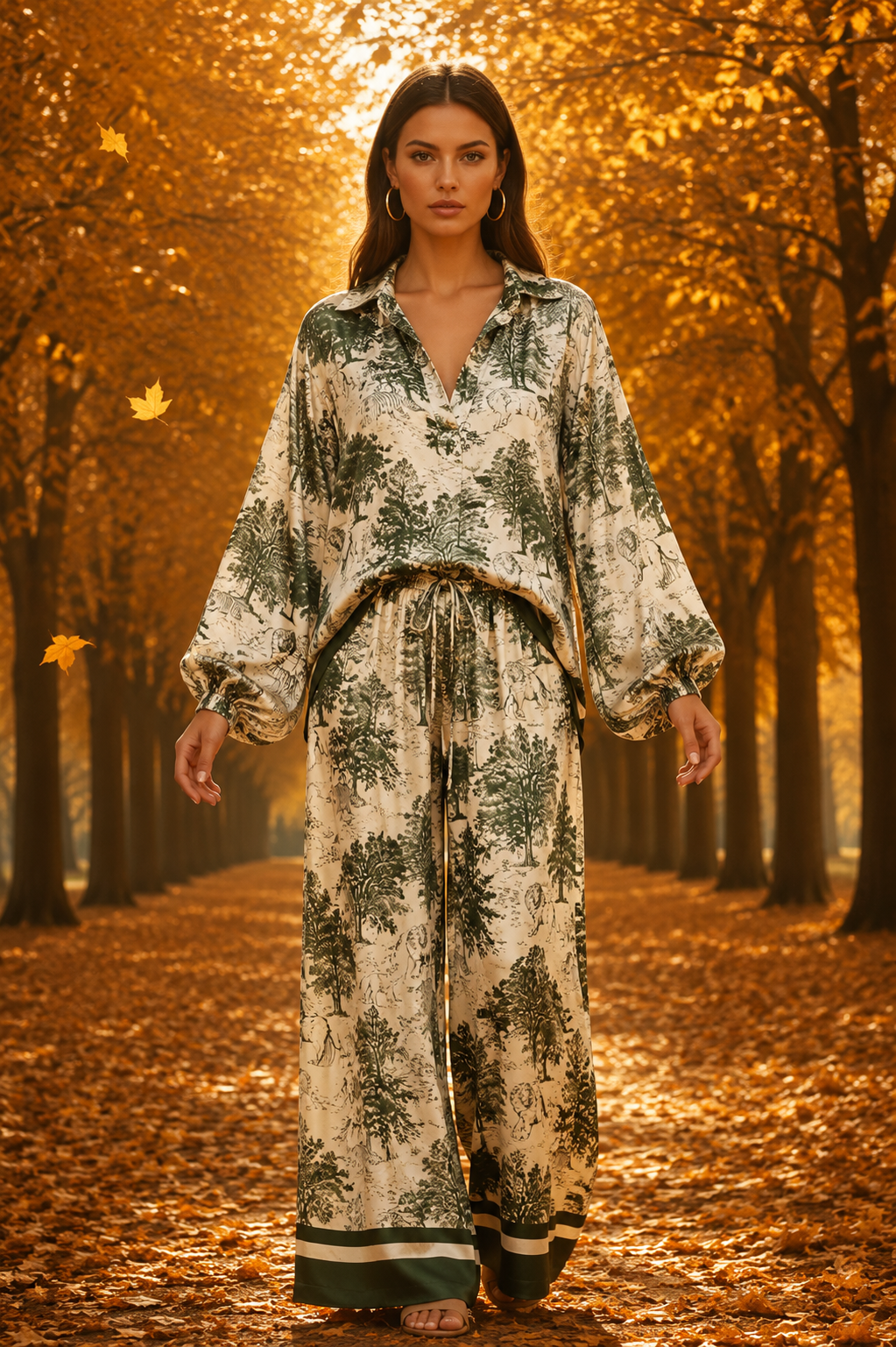 Silkkiviskoosi safari-kuosinen housu khaki