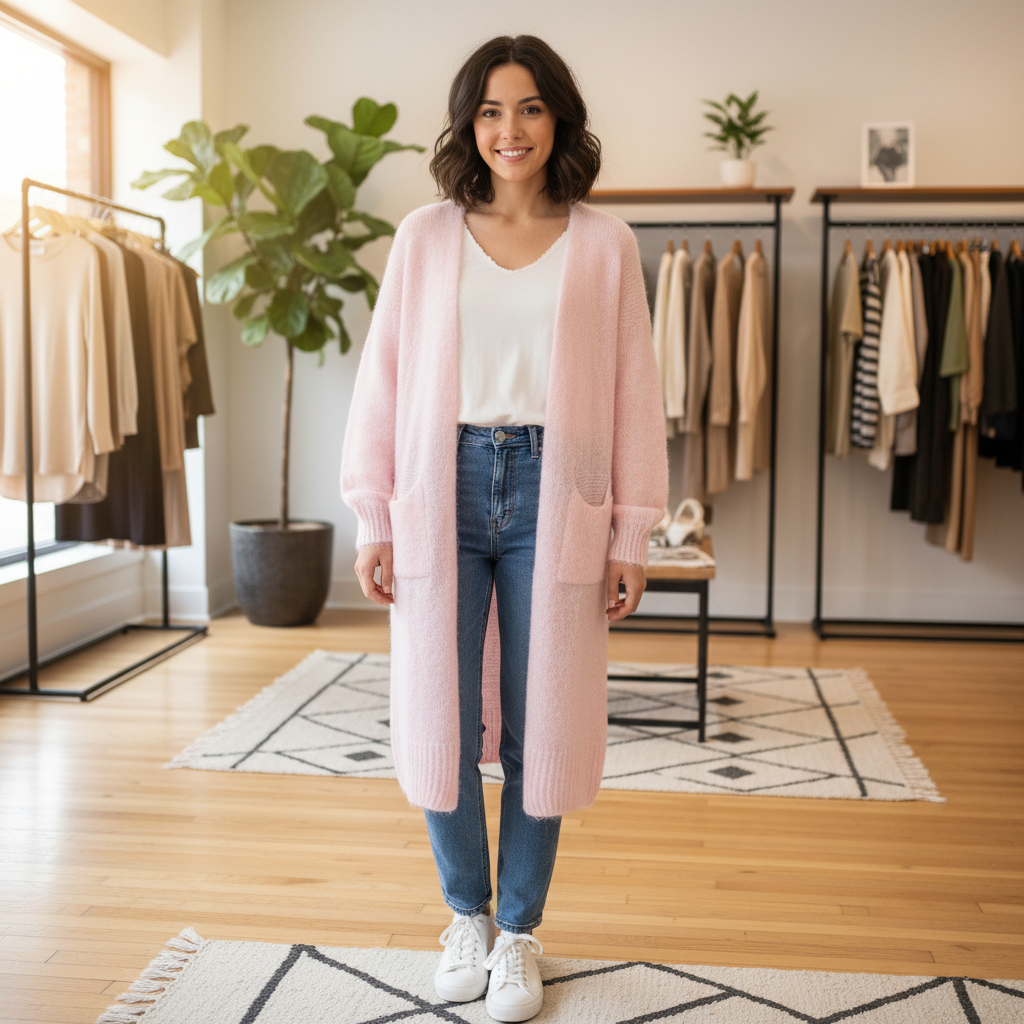 Pitkä alpakkaneuletakki vaaleanpunainen