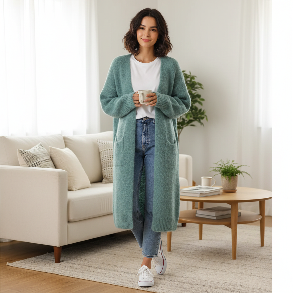 Pitkä alpakkaneuletakki vihreä