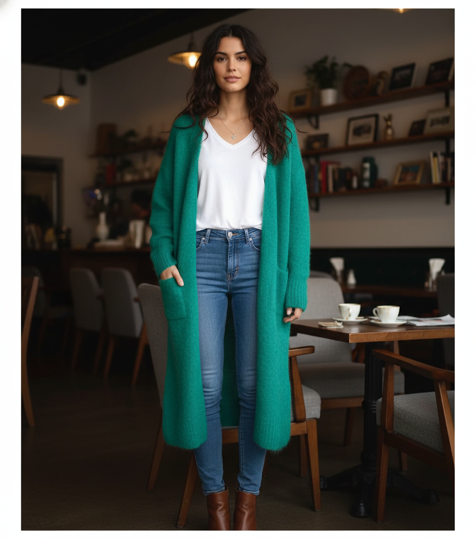 Pitkä alpakkaneuletakki kirkas vihreä