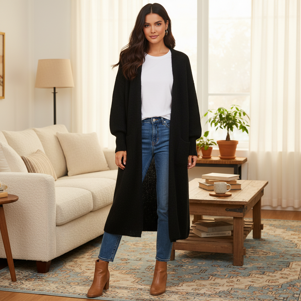 Pitkä alpakkaneuletakki musta