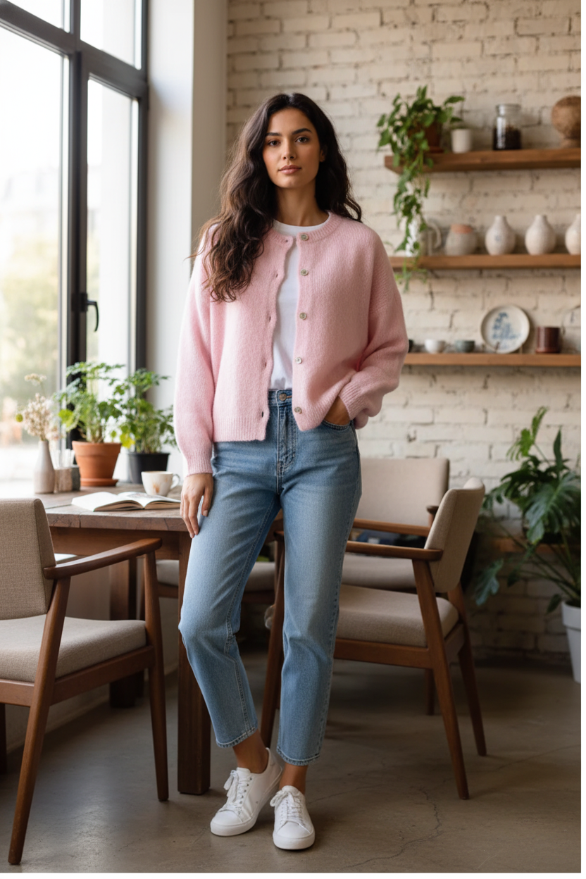 Alpakkaneuletakki vaaleanpunainen